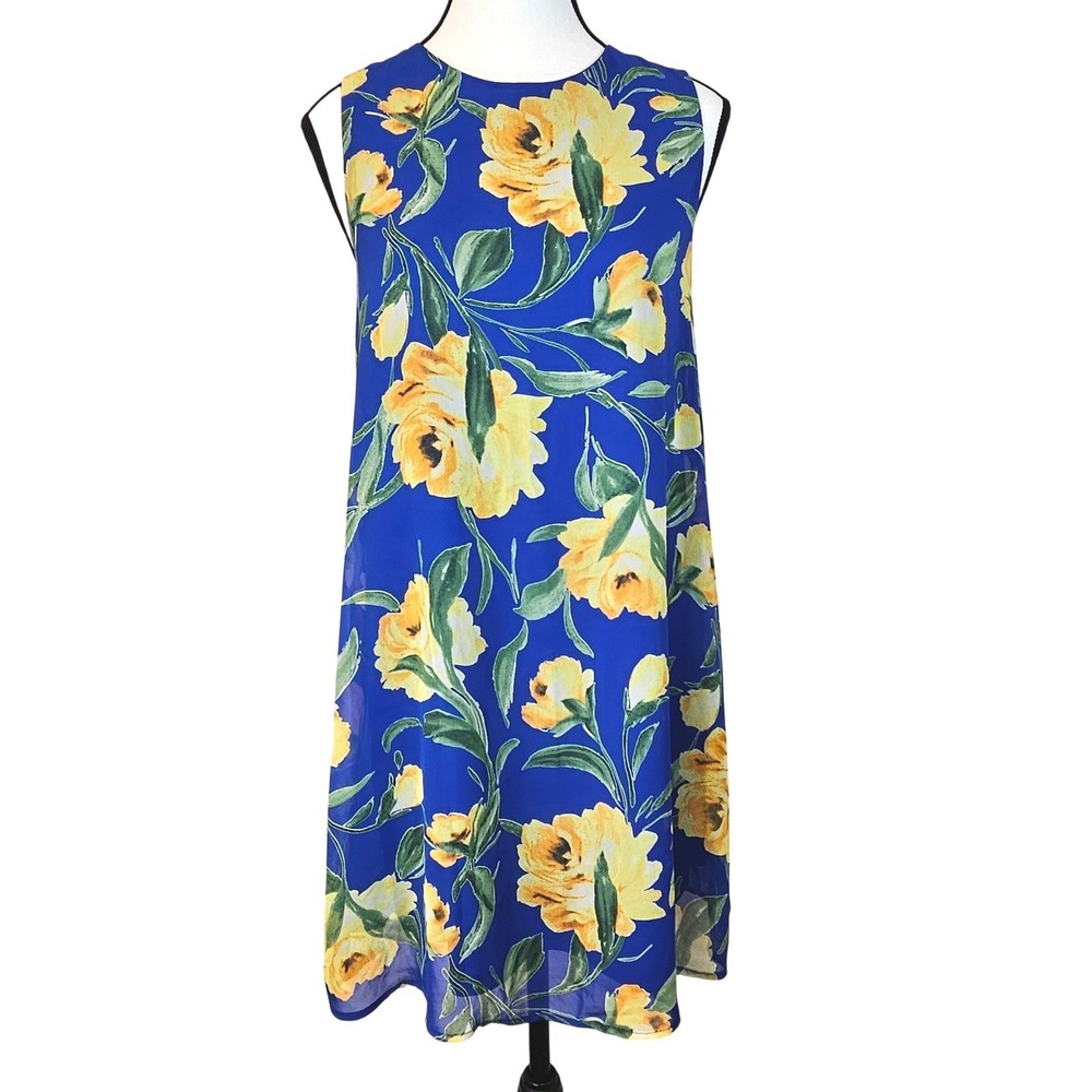 LULUS Royal Blue Floral Shift Dress M Open Keyhole Back Wedding Guest Mini - Picture 1 of 10